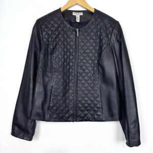 Valerie Stevens Leather Jacket Sz Large Quilted Full Zip Collarless Black Lined