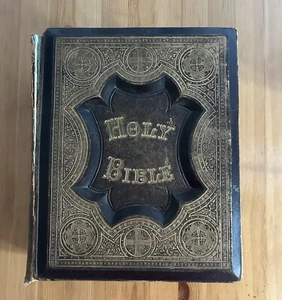 Antique Family Bible 1871 Over 1,000 Wood Carved Illustrations Apocrypha - Foto 1 di 24
