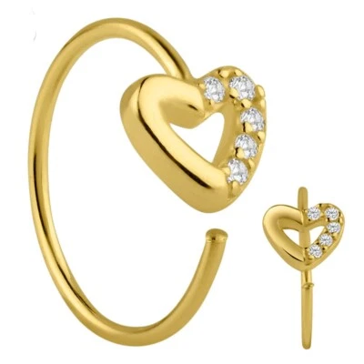 Sterling Silver 925 Half Heart Cz Silver, Gold, RoseGold Nose Hoop Ring 20G 10MM - Image 1 of 4