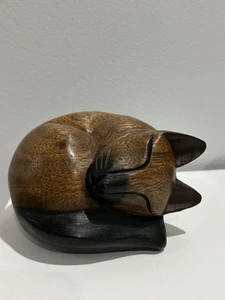 Cat Hand Craved Vintage Folk Art Curled Up Sleeping Shelf Sitter Cat Lady Decor - Picture 1 of 8