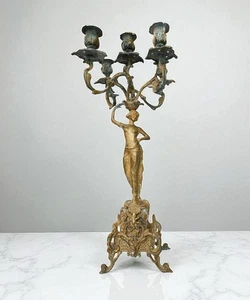 Candelabro francés de latón dorado aleación de cobre Art Nouveau antiguo de cinco brazos fundido en oro - Imagen 1 de 19