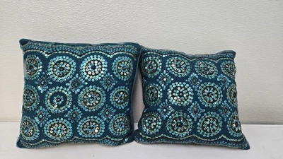 Pier 1 Beaded Sequin Decorative Throw Pillow Teal Blue Boho Glam Set Of 2 - Image 1 of 4