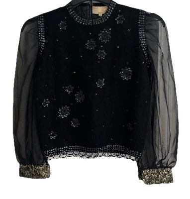 Suéter preto vintage grande, lã de cordeiro/angorá de Hong Kong com miçangas década de 1950 em excelente estado usado transparente - Imagem 1 de 4