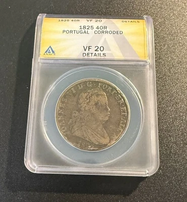1825 PORTUGAL 40 Reales ANACS VF20 Detalles Corroídos - Grande Grueso Pesado Bronce Foto 1 de 4