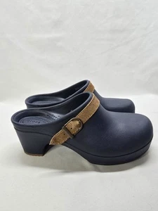 Crocs Sarah Women's Blue Block Heel Dual Comfort Suede Strap Mule Clogs Size 6 - Picture 1 of 15