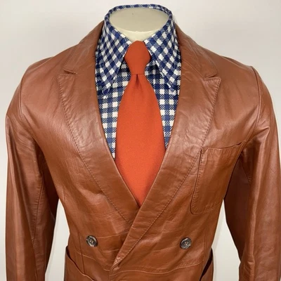 Vtg Double Breasted Leather Jacket Blazer Coat Baron 70s Disco Mod 42 Mens Small - Image 1 of 4