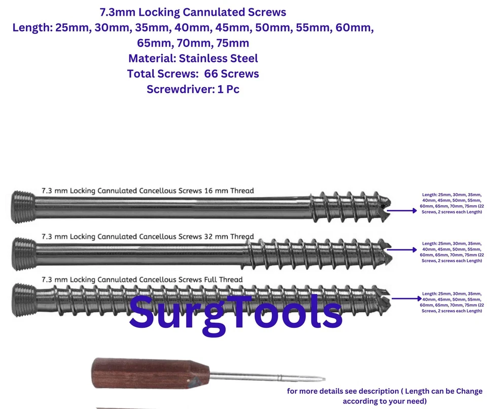 Tornillos canulados de bloqueo de 7,3 mm rosca (16 mm, 32 mm, completo) 66 piezas y destornillador 1 Foto 1 de 4