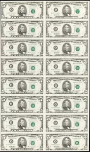 1995 $5-Fr. 1984-A BOSTON Federal Reserve Notes. Uncut Sheet of Sixteen - Picture 1 of 2