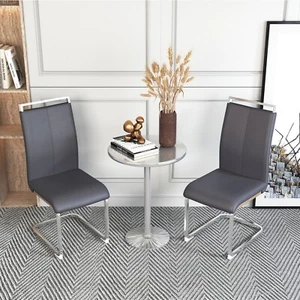 2pcs PU Leather Dining Chairs High Back Upholstered Side Chair w/ C-shaped Legs - Picture 1 of 15