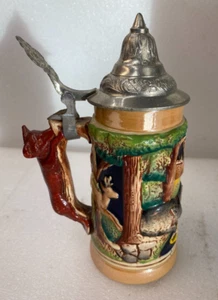 Vintage German Stein-Fox Handle Alpine Wildlife Deer w/Pewter Lid - Picture 1 of 5