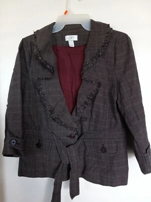 Chaqueta Blazer Ann Taylor Loft Marrón Cuadros Volantes Borde Flecos Cinturón 10 Foto 1 de 3