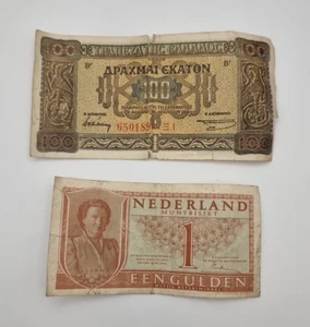 WWII Era Banknotes Paper Netherlands One Guilder 1949 & Greek Greece 100 Note - Picture 1 of 15