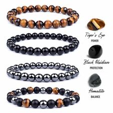 Men’s Magnetic Stone Natural Obsidian Hematite Bracelets Black Tiger Eye Beads 