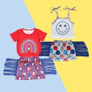 American Patriotic Toddler Girls Sister Red White Blue Striped Stars Dress - Picture 1 of 11