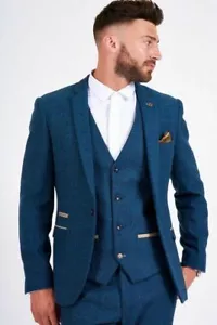 3 pezzi abito tweed uomo blu a quadri spina di pesce ballo smoking sposo abito da sposa - Foto 1 di 11