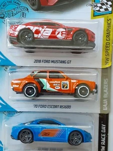 LOT OF 3 HOT WHEELS RACING 2018 MUSTANG GT , 70'FORD RS1600, ALPINE A110 - Picture 1 of 11
