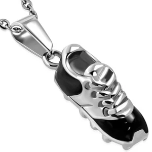 Stainless Steel Black Silver-Tone Soccer Cleat Boot Sneaker Pendant Necklace - Picture 1 of 2