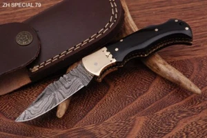 7" Custom Forged Damascus Steel Folding/ Pocket Knife/blade W/Sheath/case ZH 79 - Picture 1 of 1