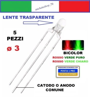 diodo led bicolore rosso/verde 3pin catodo/anodo comune ø 3 lente trasparente - Immagine 1 di 2