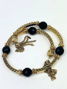 Vintage Wrap Around Memory Box Draht Armband mit Quasten goldfarbene schwarze Perlen - Bild 1 von 10