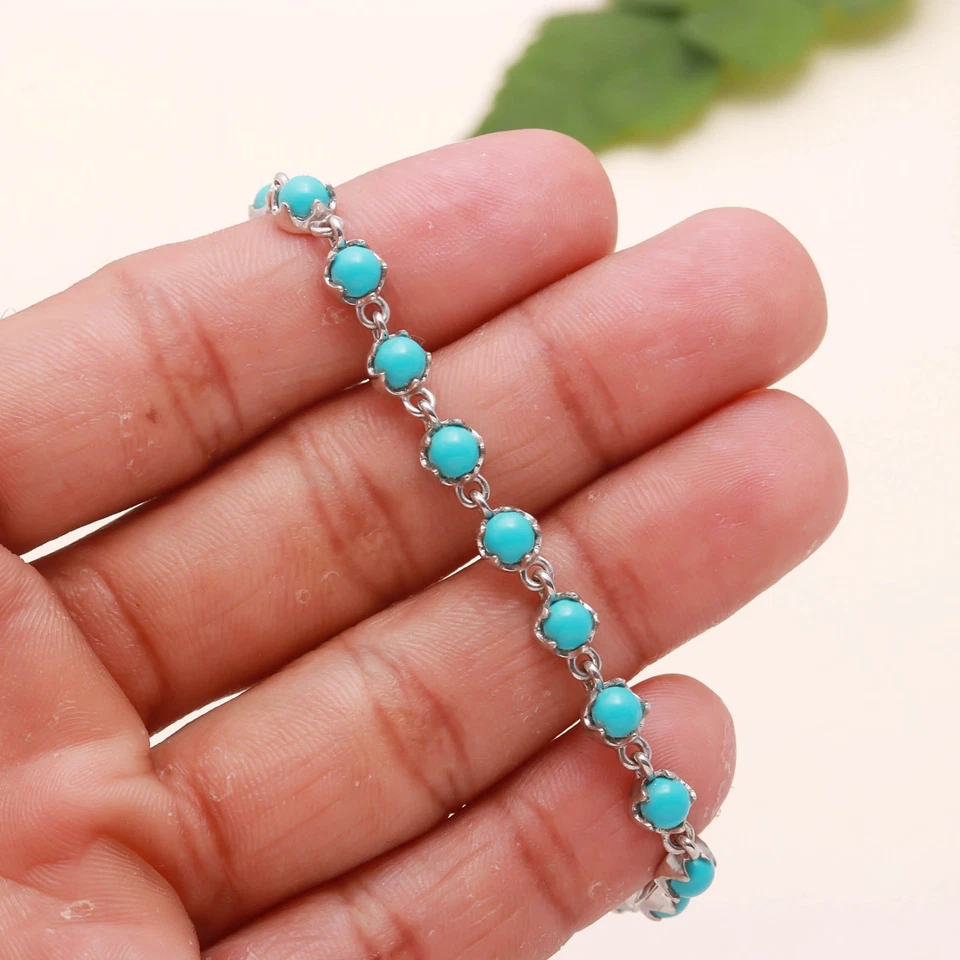 Sleeping Beauty Turquoise Round 4 MM Four Prong Bracelet Sterling Silver 7 In - Image 1 of 4