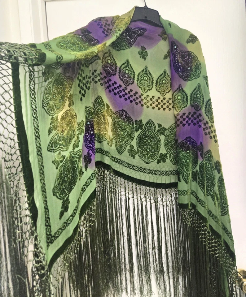 Boho Beaded Embroidered Fringe Shawl – Green & Purple NWOT XL - Image 1 of 4