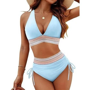 Color Blocked High Waisted Bikini with Adjustable Drawstring for Summer - Picture 1 of 8