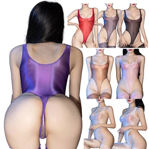 Womens See Through One Piece Swimwear Bodysuit Glossy Sheer Crotchless Swimsuits - Picture 1 of 90