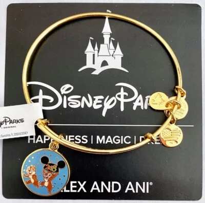 New Disney Parks Alex And Ani Chip And Dale 2018 Gold Charm Bangle Bracelet Foto 1 de 3
