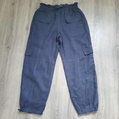 Pantalón Jogger Magaschoni 100% Lino Carga Azul Pull On Playa Vacaciones Pequeña Costa Foto 1 de 4