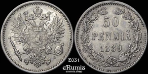 Russia, Finland, Alexander III, 50 Pennia 1889 L, XF+ - Picture 1 of 6