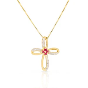 Sterling Silver Yellow Gold-Tone Genuine Red Ruby Diamond Cross Necklace - Picture 1 of 1