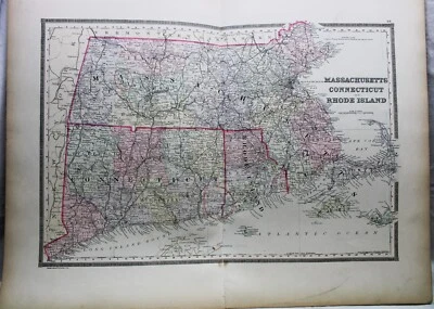 BRADLEY'S ATLAS MAP PAGE PLATE OF MASSACHUSETTS CONNECTICUT RHODE ISLAND 1887 - Image 1 of 3