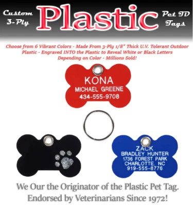 PLASTIC BONE SHAPE Pet Dog Cat Identification Name Tags-A Custom Engraved ID Tag - Image 1 of 4