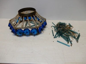 ANTIQUE BEADED LAMP SHADE LARGE BLUE CUT GLASS CRYSTALS - Picture 1 of 6