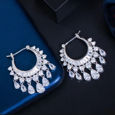 New Luxury Shinny White Topaz Gemstone Silver Tassel Women Dangle Hook Earring - Image 1 of 4