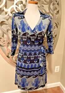 By Julie Brown dress Size P / 0 Wrap Blue  Grey V-Neck 3/4 Sleeve - Picture 1 of 9