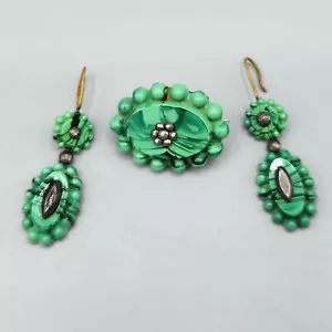 Orecchini antichi taglio vittoriano acciaio verde malachite vetro spilla e goccia - Foto 1 di 12