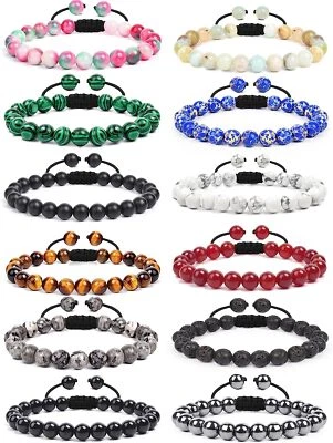 12Pcs Natural Gemstones Bracelets Adjustable Round Beaded Bracelet Reiki Healing - Image 1 of 4