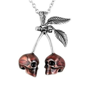 Rote Kirsche Totenköpfe Anhänger Halskette Paar Totenkopf Edelstahl Schmuck Kontrose - Bild 1 von 7