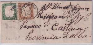 Sardinien 1863: 5c. Grün Grimmig ( n° 13E)+ Königreich 10c. Bruno 1c) Auf - Picture 1 of 3