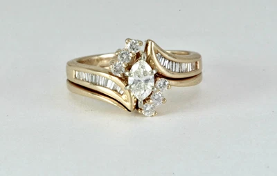 Lote 10 anéis de casamento de ouro amarelo 14k com diamante corte marquesa 1,08 ctw com detalhes - Imagem 1 de 4