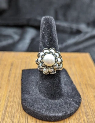 Уникальный 2 яруса жемчуг и 925 серебро цветок цветочное кольцо sz 5 102-3 - Изображение 1 из 4