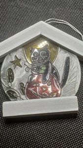 Schwarze Katze Kätzchen Handarbeit Bleiglas Buntglas Sonnenfänger Schnurrhaare 4” x 4,5” - Bild 1 von 3