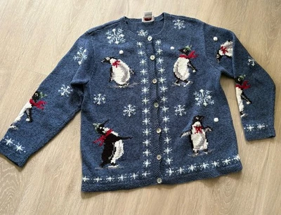 VTG Talbots Women’s Blue Hand Knit Cardigan Penguin Linen Blend Sweater - Size L - Image 1 of 4