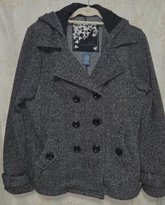 Sebby Damen Tweed Peacoat Jacke Gr. L grau zweireihig Mantel mit Kapuze - Bild 1 von 4