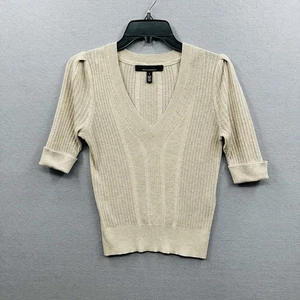 WHBM Maglione Donna Blusa Top Taglia S Misto Cashmere Manica a Gomito Scollo a V Beige - Foto 1 di 5