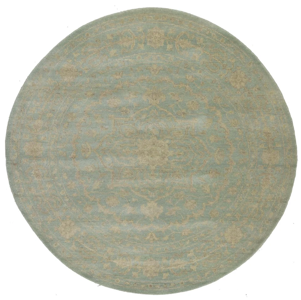6x6 ft Handmade Muted Aqua Blue Floral Wool Oriental Round Rug Decor Carpet - Image 1 of 4