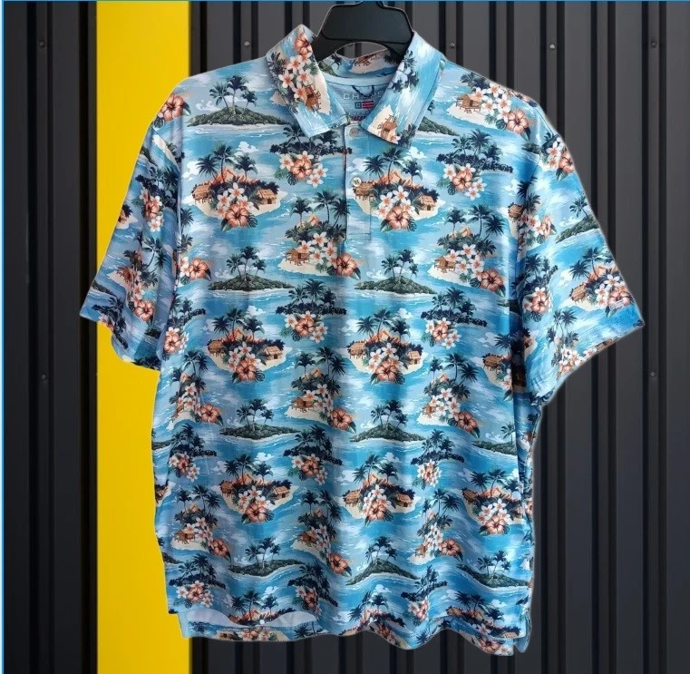 Chaps Everyday Performance Polo Shirt Hawaiian Print Blue Mens 2XL XXL