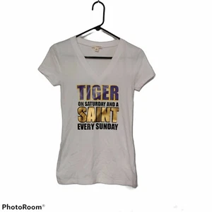 LSU Saints Tigers on Saturday Saint on Sunday T-Shirt Womens Small V Neck White - Picture 1 of 4
